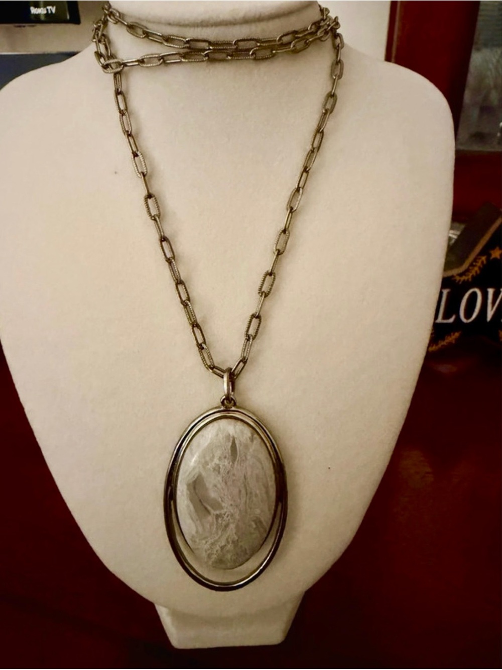 Ann Taylor Silver-Tone Oval Marble Pendant Necklace
